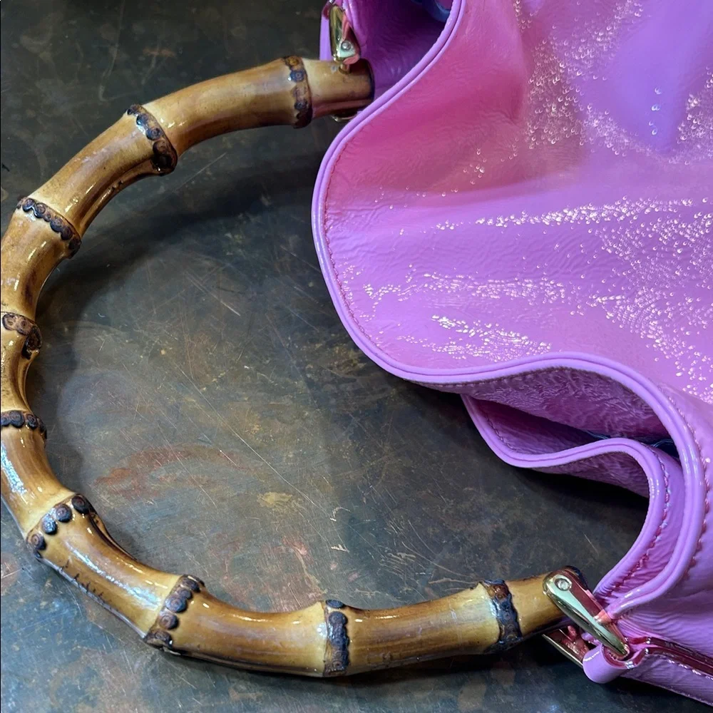 Frances Valentine Pink Patent Leather Hobo Bag with Bamboo Handle